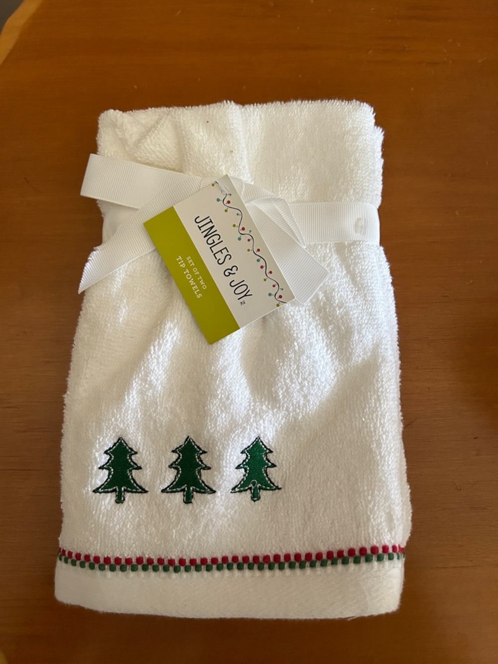 Jingles & Joy White Holiday Hand Towel with Green Tree Embroidery